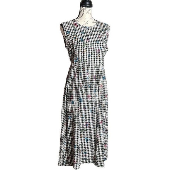 Vintage 80s Black White Check Floral Print Sleeveless Dress - Picture 2 of 6